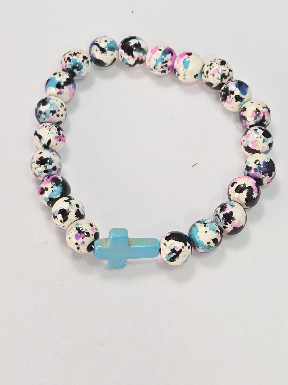 Paint Splatter Cross Beaded Bracelet Stretch Faith Stack Y2K Christian Jewelry